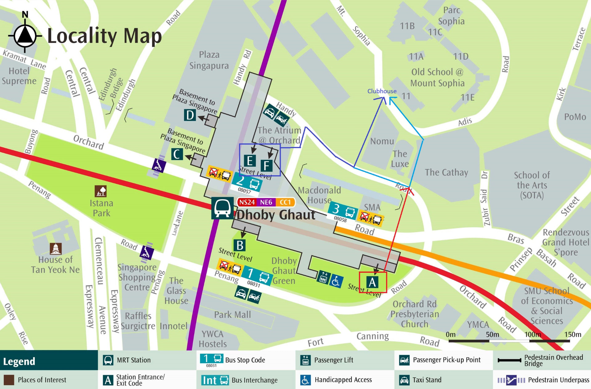 Locality map showing the walking route from Dhoby Ghaut MRT to the Sophia Hills clubhouse